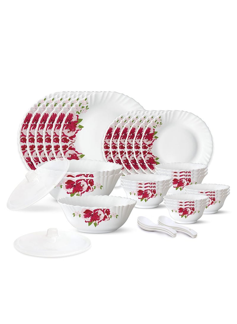 Larah by Borosil Rose Red Silk Series Opalware Dinner Set | 35 Pieces for Family of 6 | Microwave & Dishwasher Safe | Bone-Ash Free | Crockery Set for Dining & Gifting | Plates & Bowls | White