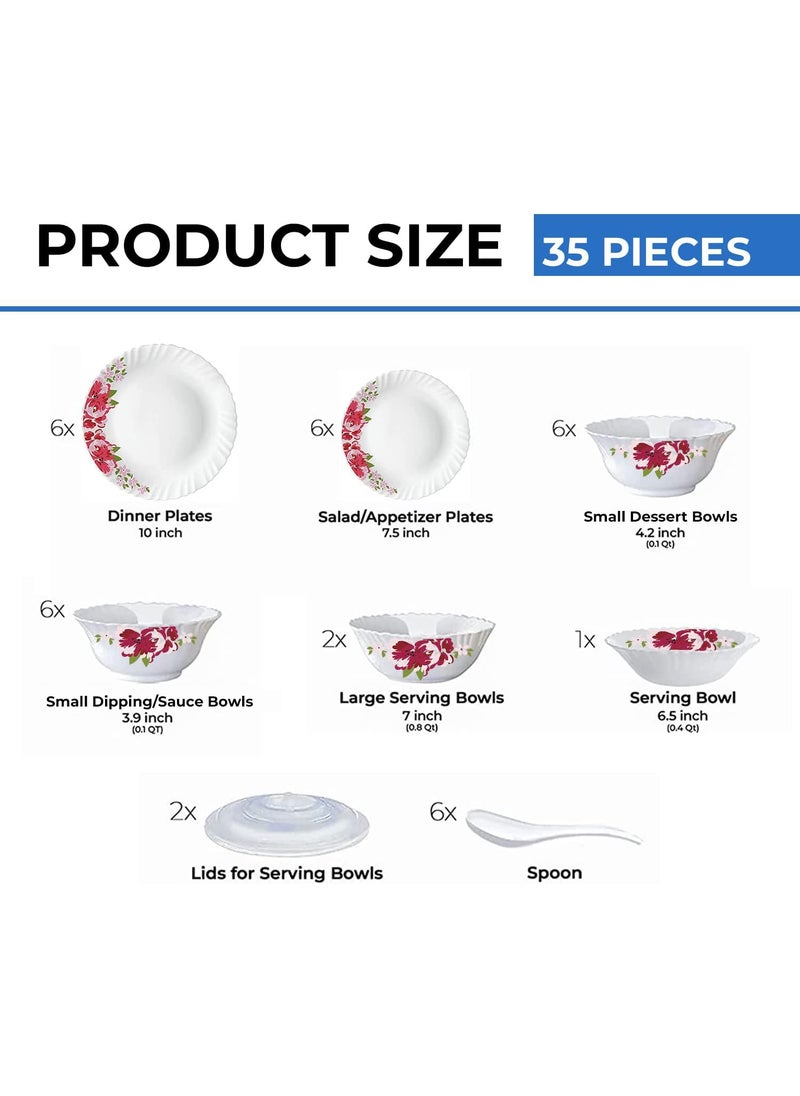 Larah by Borosil Rose Red Silk Series Opalware Dinner Set | 35 Pieces for Family of 6 | Microwave & Dishwasher Safe | Bone-Ash Free | Crockery Set for Dining & Gifting | Plates & Bowls | White