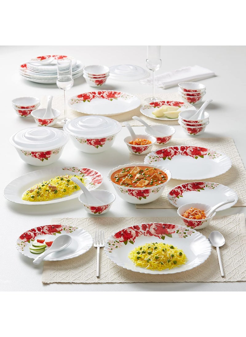 Larah by Borosil Rose Red Silk Series Opalware Dinner Set | 35 Pieces for Family of 6 | Microwave & Dishwasher Safe | Bone-Ash Free | Crockery Set for Dining & Gifting | Plates & Bowls | White