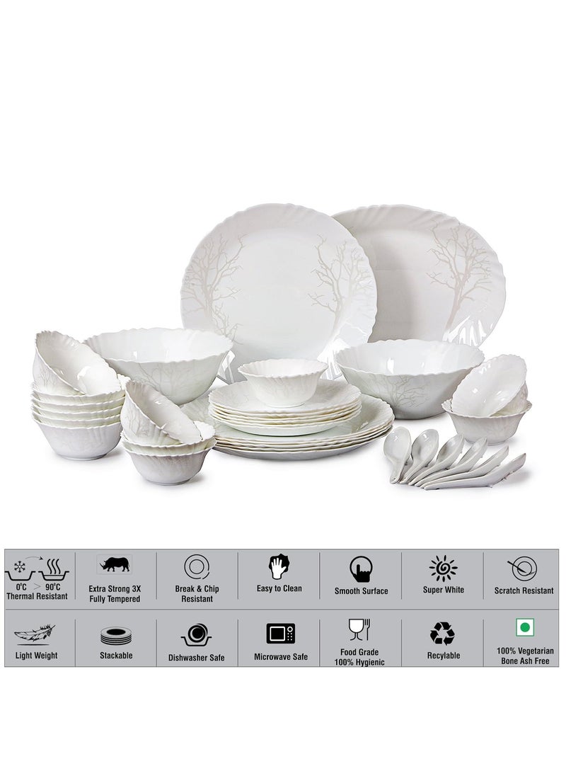 Cello Imperial Winter Frost Opalware Dinner Set, 11 inch Full Plate, 33 Units, White