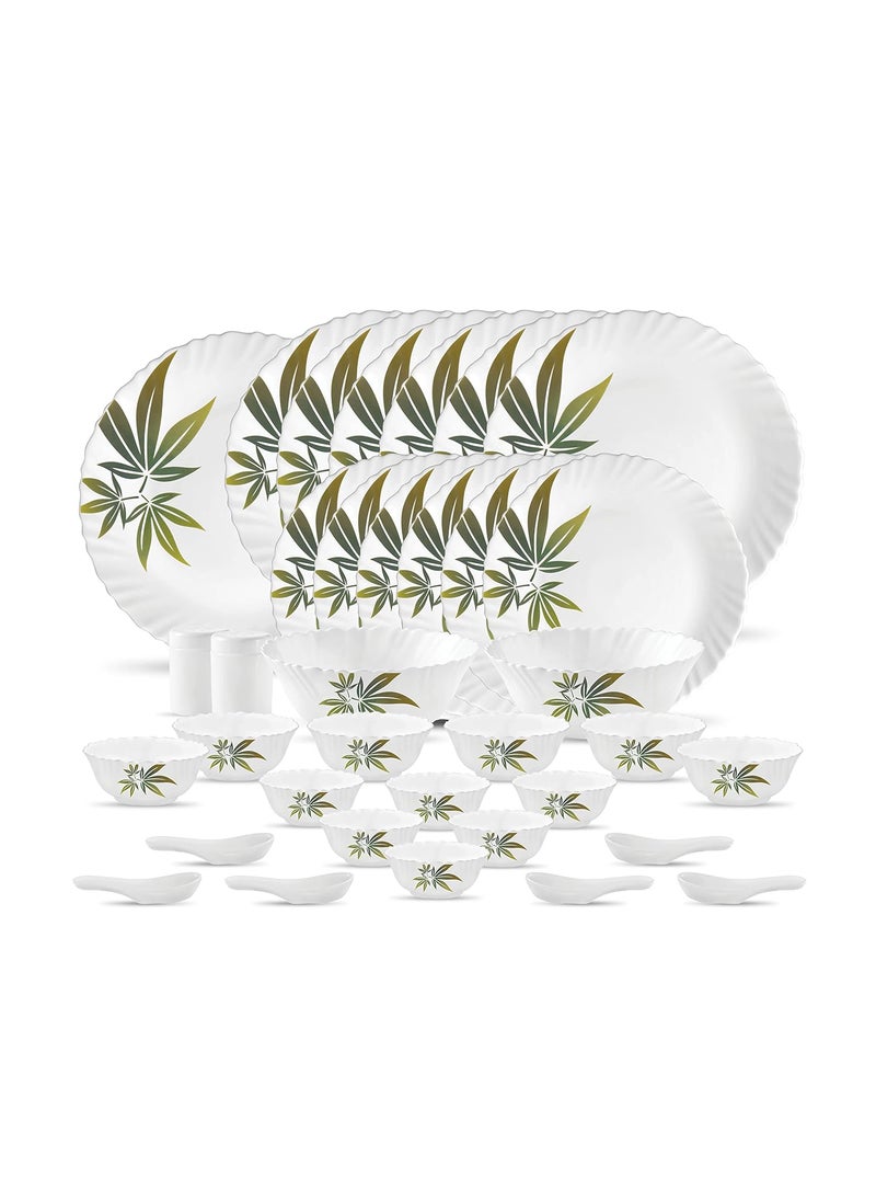 La Opala Trinity Green Opalware Dinner Set (White) -Set of 35 Pieces