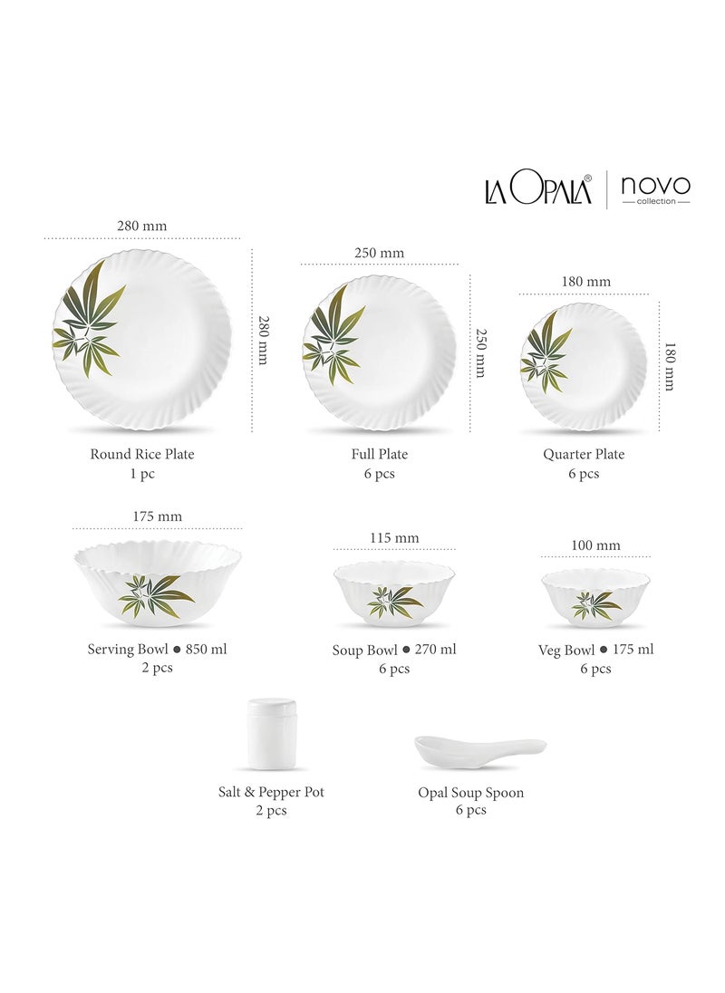 La Opala Trinity Green Opalware Dinner Set (White) -Set of 35 Pieces