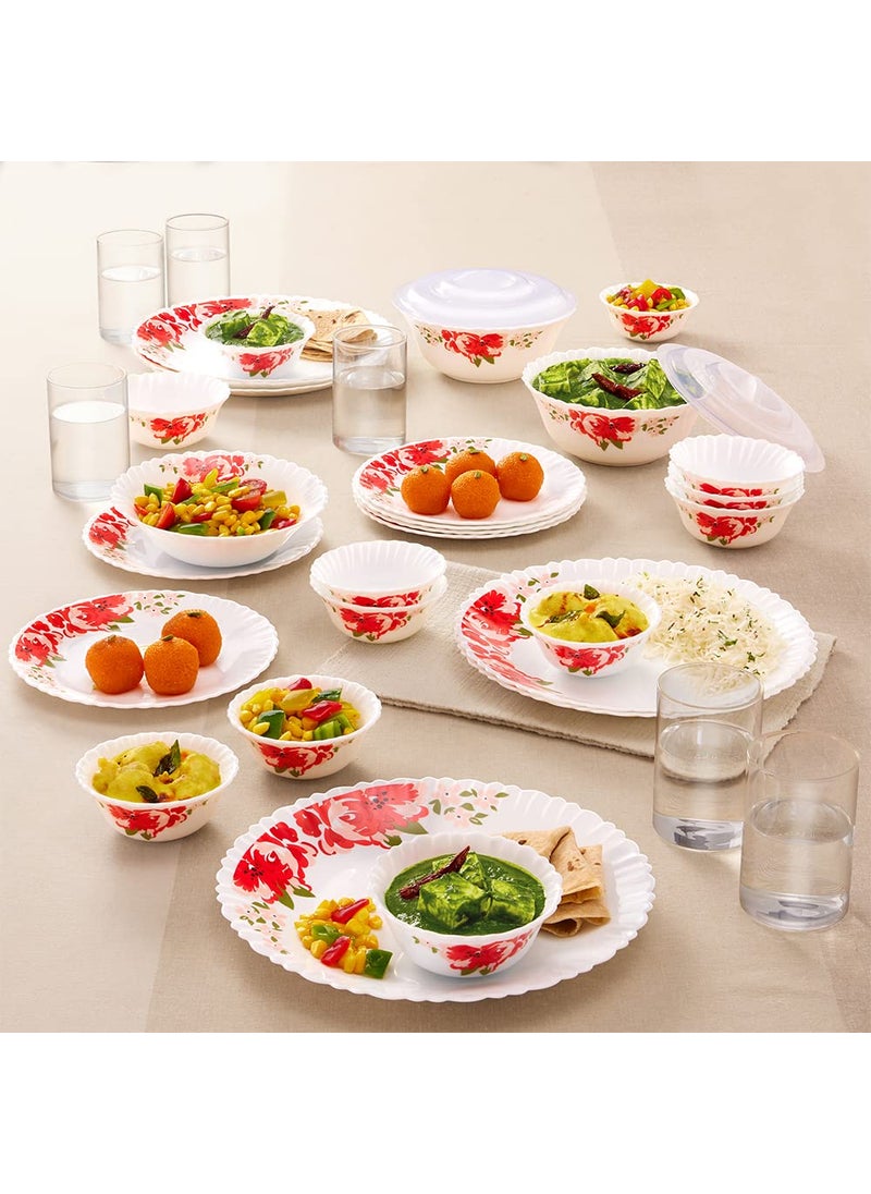 Larah by Borosil Rose Red Silk Floral Series Opalware Dinner Set with Glasses,35 Pieces for Family of 6,Microwave&Dishwasher Safe,Bone-Ash Free,Crockery Set for Dining&Gifting,Plates&Bowls,White