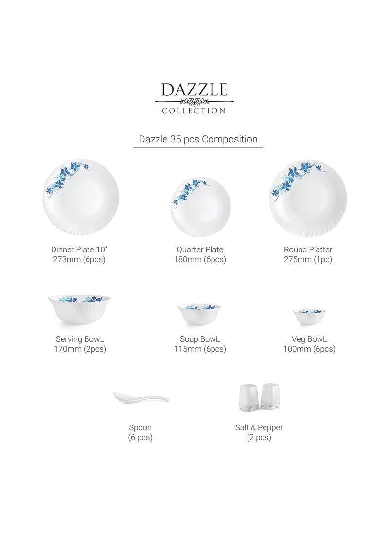 Cello Opalware Dazzle Series Blue Swirl Dinner Set, 35 Units | Opal Glass Dinner Set for 6 | Light-Weight, Daily Use Crockery Set for Dining | White Plate and Bowl Set