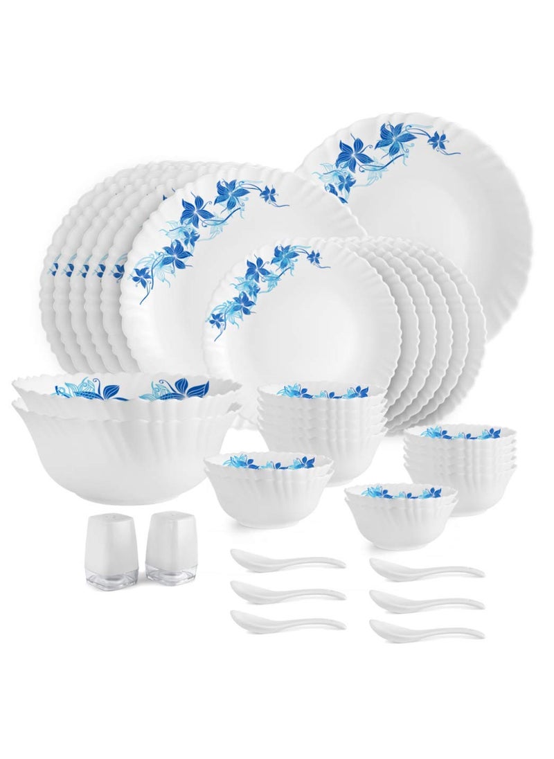 Cello Opalware Dazzle Series Blue Swirl Dinner Set, 35 Units | Opal Glass Dinner Set for 6 | Light-Weight, Daily Use Crockery Set for Dining | White Plate and Bowl Set
