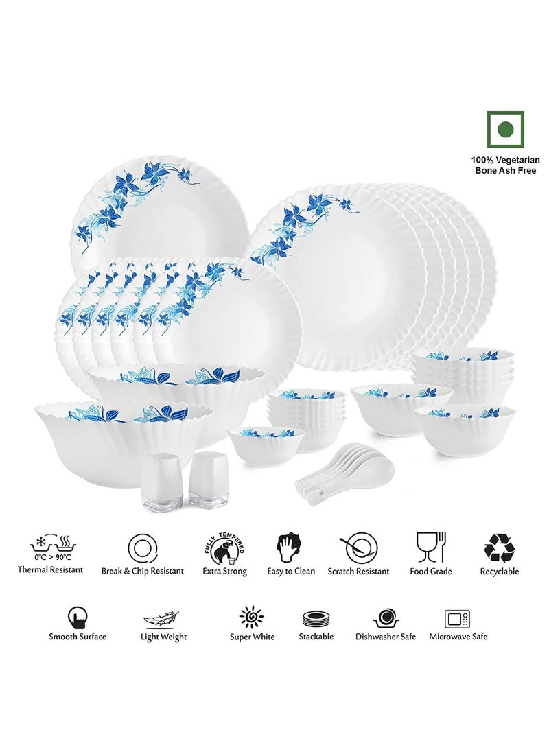 Cello Opalware Dazzle Series Blue Swirl Dinner Set, 35 Units | Opal Glass Dinner Set for 6 | Light-Weight, Daily Use Crockery Set for Dining | White Plate and Bowl Set