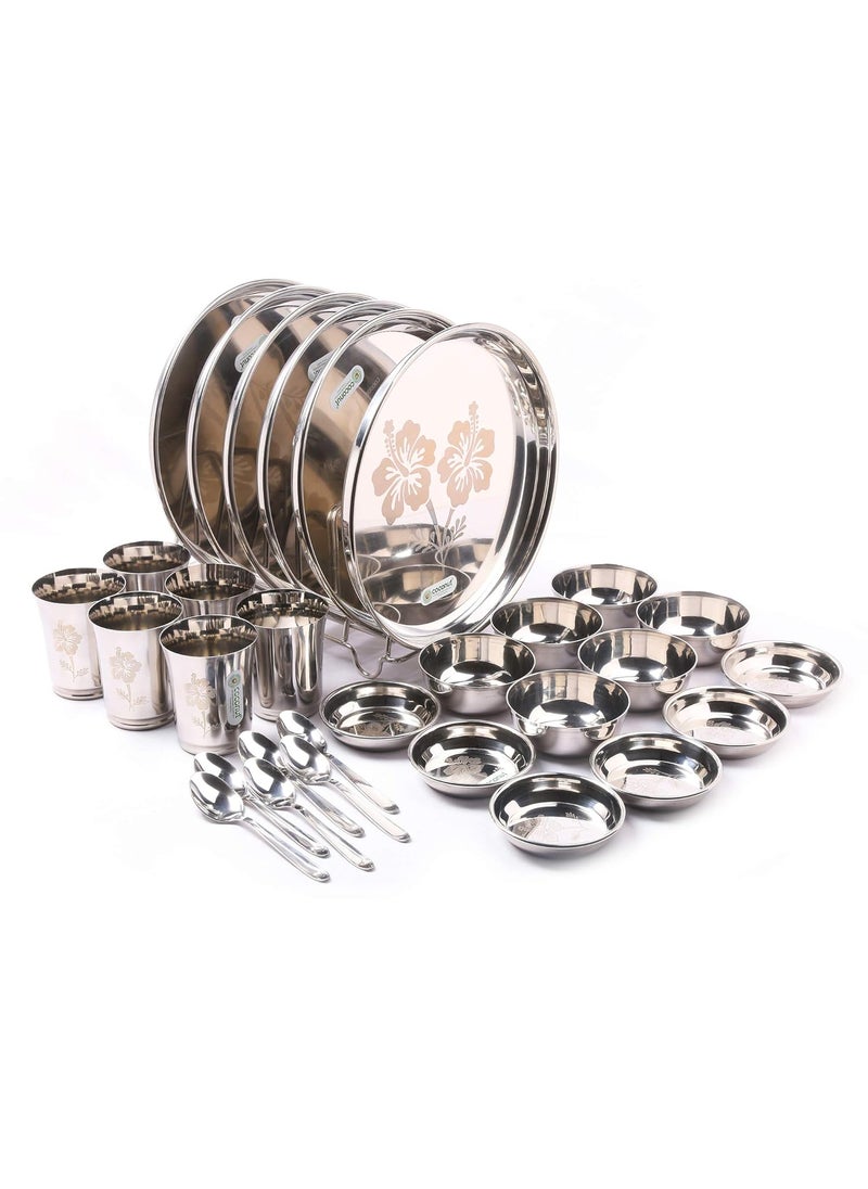 Coconut Stainless Steel (Heavy Guage) Mirror Finish with Laser Etchhing Design Super Platina Dinner Set/Dinnerware- Family Pack of 30 Pieces Dinner Set