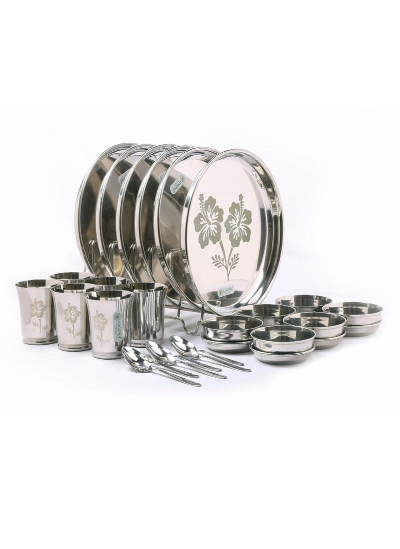 Coconut Stainless Steel (Heavy Guage) Mirror Finish with Laser Etchhing Design Super Platina Dinner Set/Dinnerware- Family Pack of 30 Pieces Dinner Set