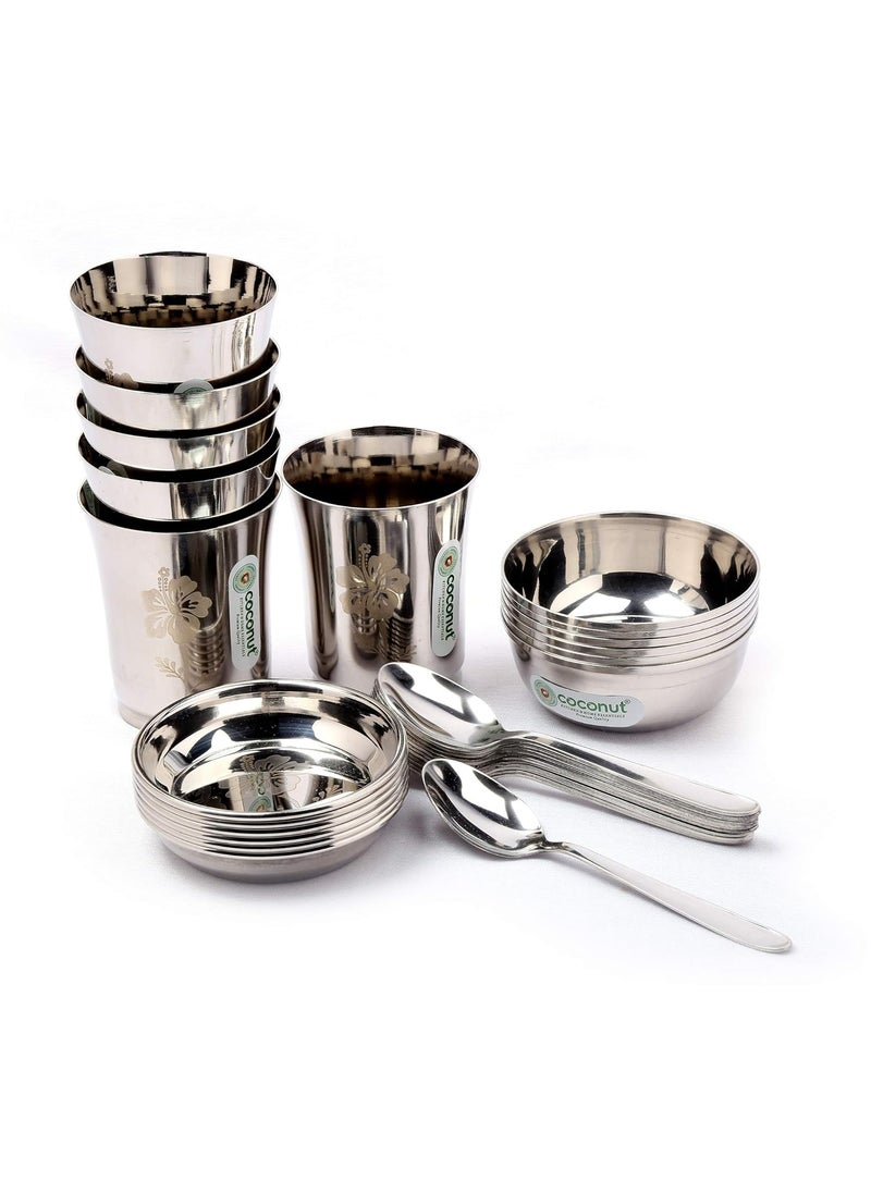 Coconut Stainless Steel (Heavy Guage) Mirror Finish with Laser Etchhing Design Super Platina Dinner Set/Dinnerware- Family Pack of 30 Pieces Dinner Set