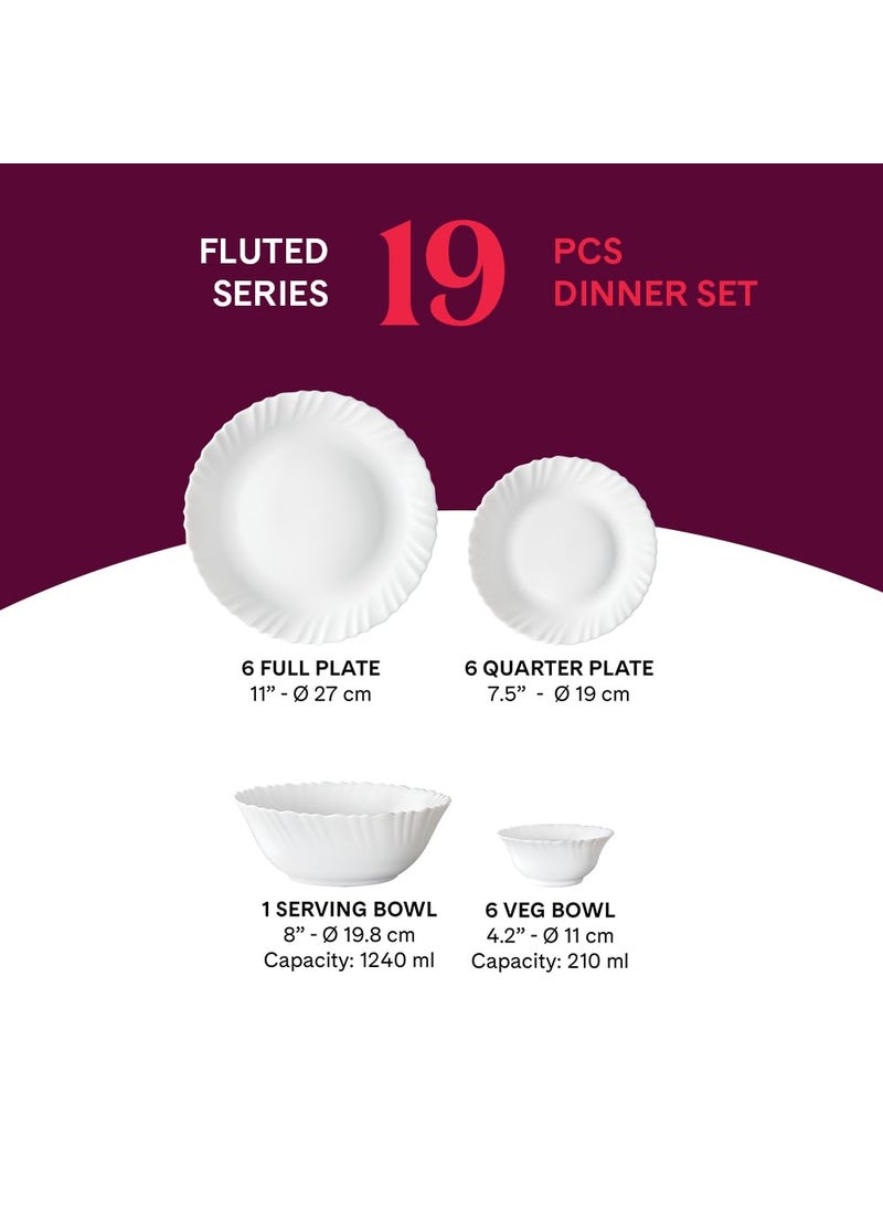 Larah by BOROSIL Fluted Series Ageria Opalware Dinner Set | 19 Piece for Family of 6 | Microwave & Dishwasher Safe | Bone-Ash Free | Crockery Set for Dining & Gifting | Plates & Bowls | White