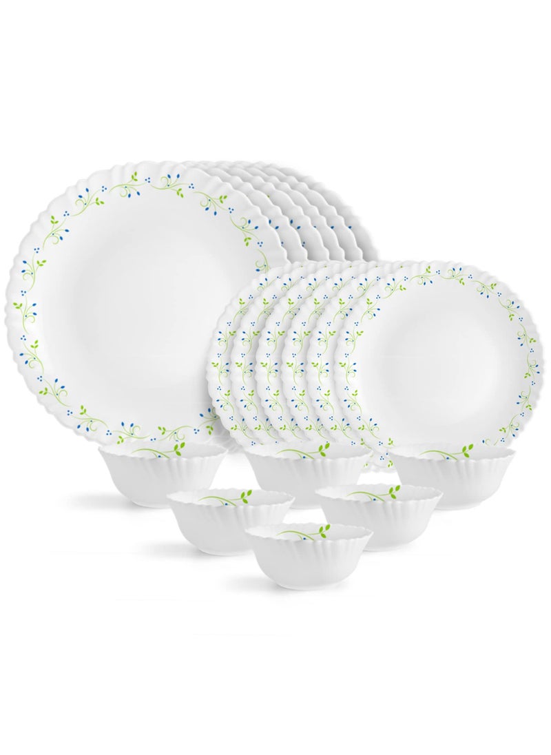 Cello Opalware Dazzle Series Tropical Lagoon Dinner Set, 18 Units | Light-Weight, Daily Use Crockery Set for Dining | White Plate and Bowl Set
