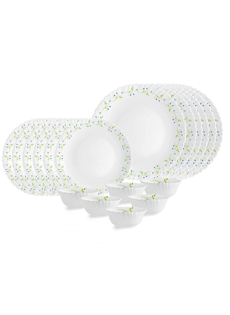 Cello Opalware Dazzle Series Tropical Lagoon Dinner Set, 18 Units | Light-Weight, Daily Use Crockery Set for Dining | White Plate and Bowl Set