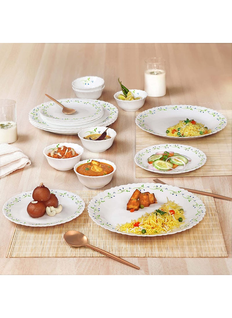 Cello Opalware Dazzle Series Tropical Lagoon Dinner Set, 18 Units | Light-Weight, Daily Use Crockery Set for Dining | White Plate and Bowl Set