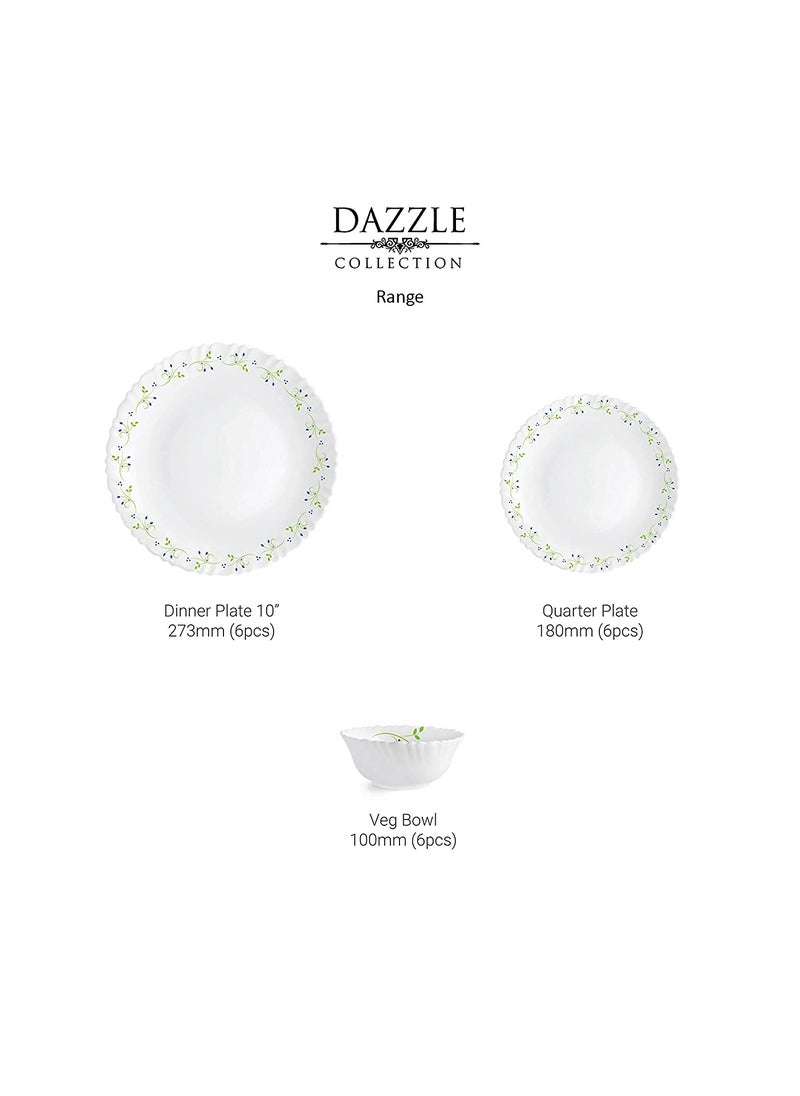 Cello Opalware Dazzle Series Tropical Lagoon Dinner Set, 18 Units | Light-Weight, Daily Use Crockery Set for Dining | White Plate and Bowl Set