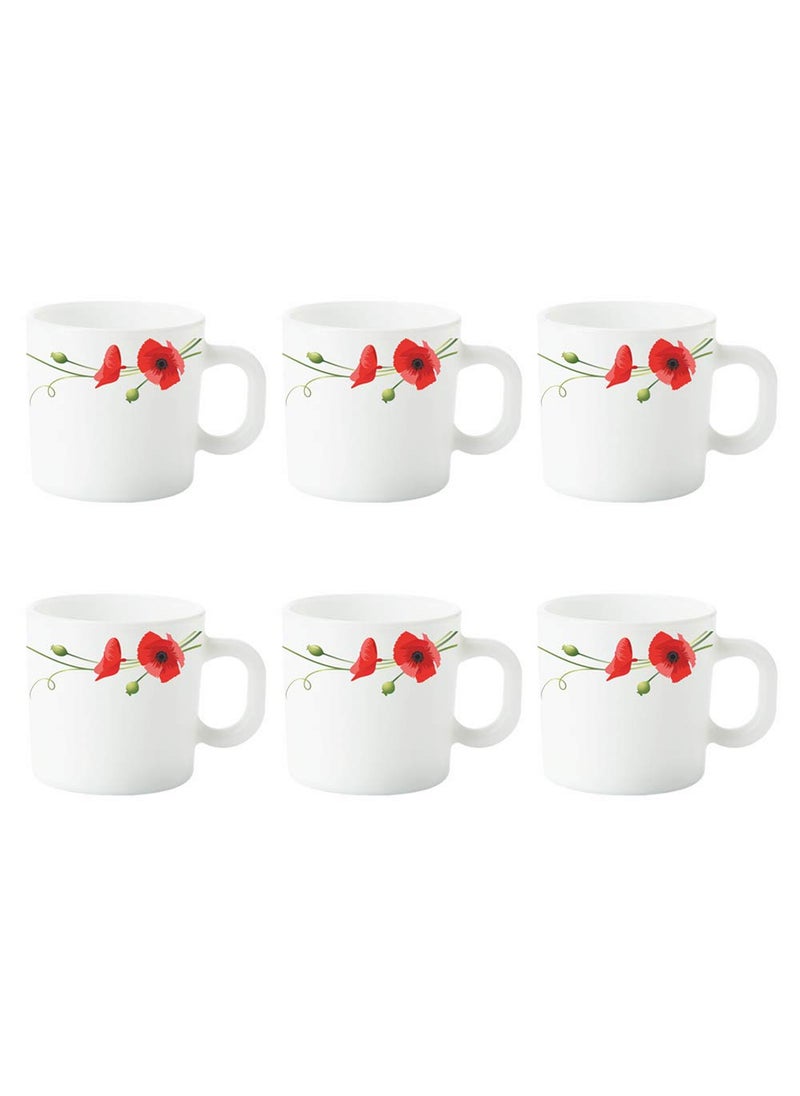 Larah by Borosil Red Carnation Opalware Mug Set, 6-Pieces, White