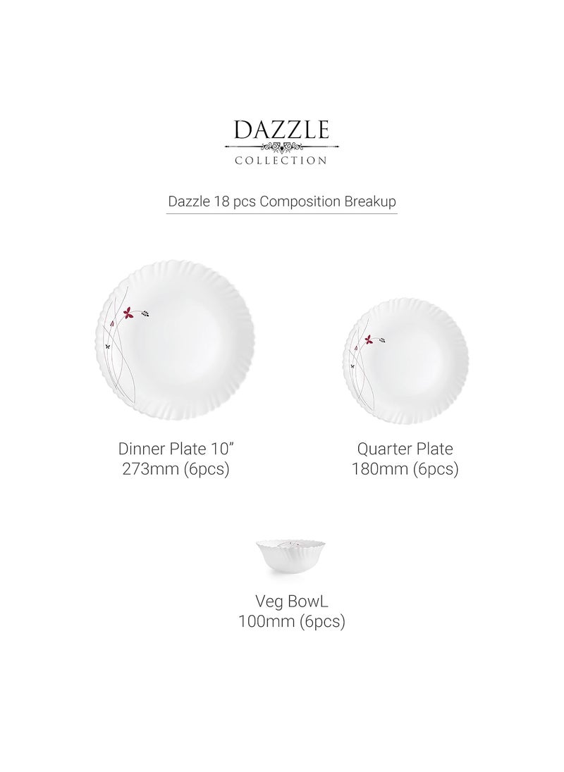 Cello Opalware Dazzle Series Lush Fiesta Dinner Set, 18 Units | Opal Glass Dinner Set for 6 | Light-Weight, Daily Use Crockery Set for Dining | White Plate and Bowl Set