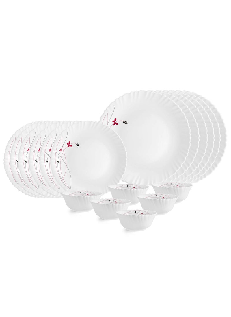 Cello Opalware Dazzle Series Lush Fiesta Dinner Set, 18 Units | Opal Glass Dinner Set for 6 | Light-Weight, Daily Use Crockery Set for Dining | White Plate and Bowl Set