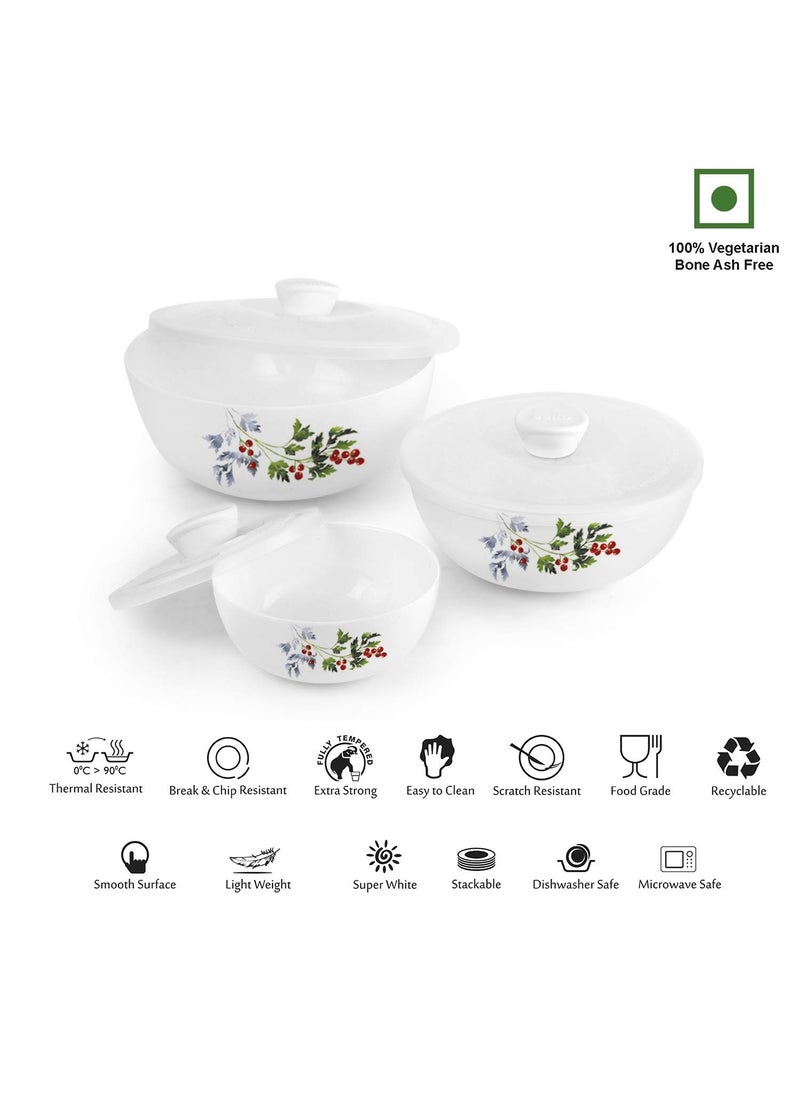 CELLO Opalware Royale Mixing Bowls with Lids - 3 Units, Blooming Garden, White