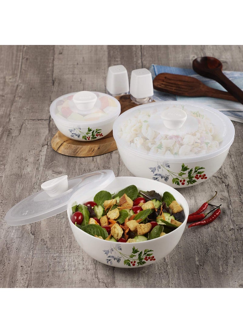 CELLO Opalware Royale Mixing Bowls with Lids - 3 Units, Blooming Garden, White