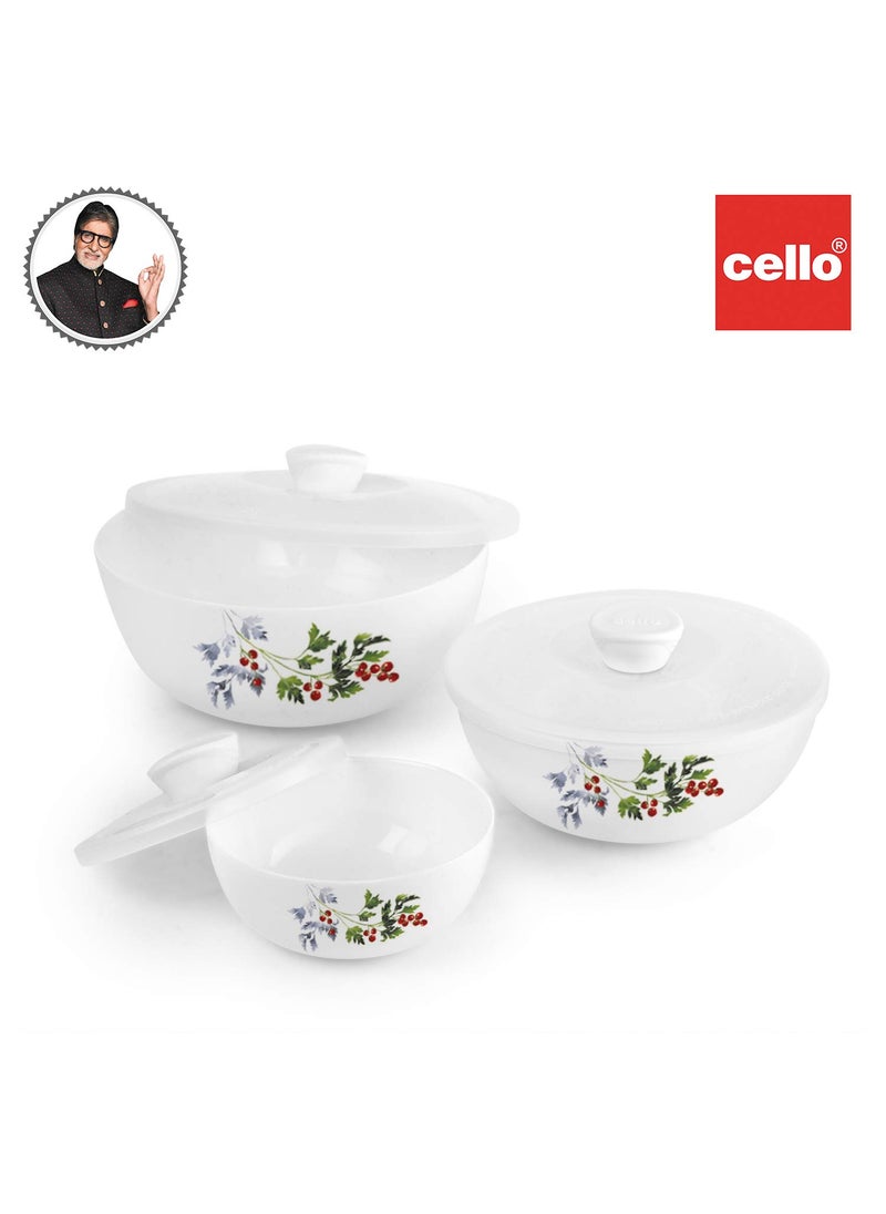 CELLO Opalware Royale Mixing Bowls with Lids - 3 Units, Blooming Garden, White