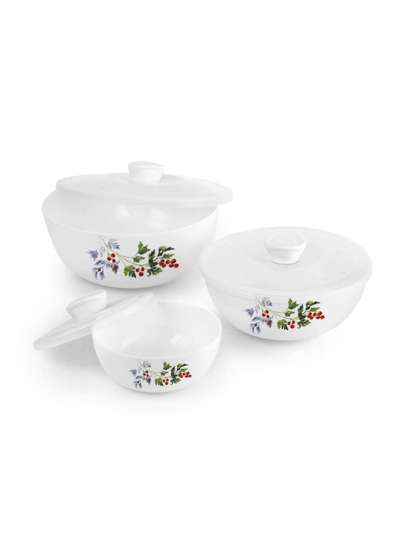 CELLO Opalware Royale Mixing Bowls with Lids - 3 Units, Blooming Garden, White