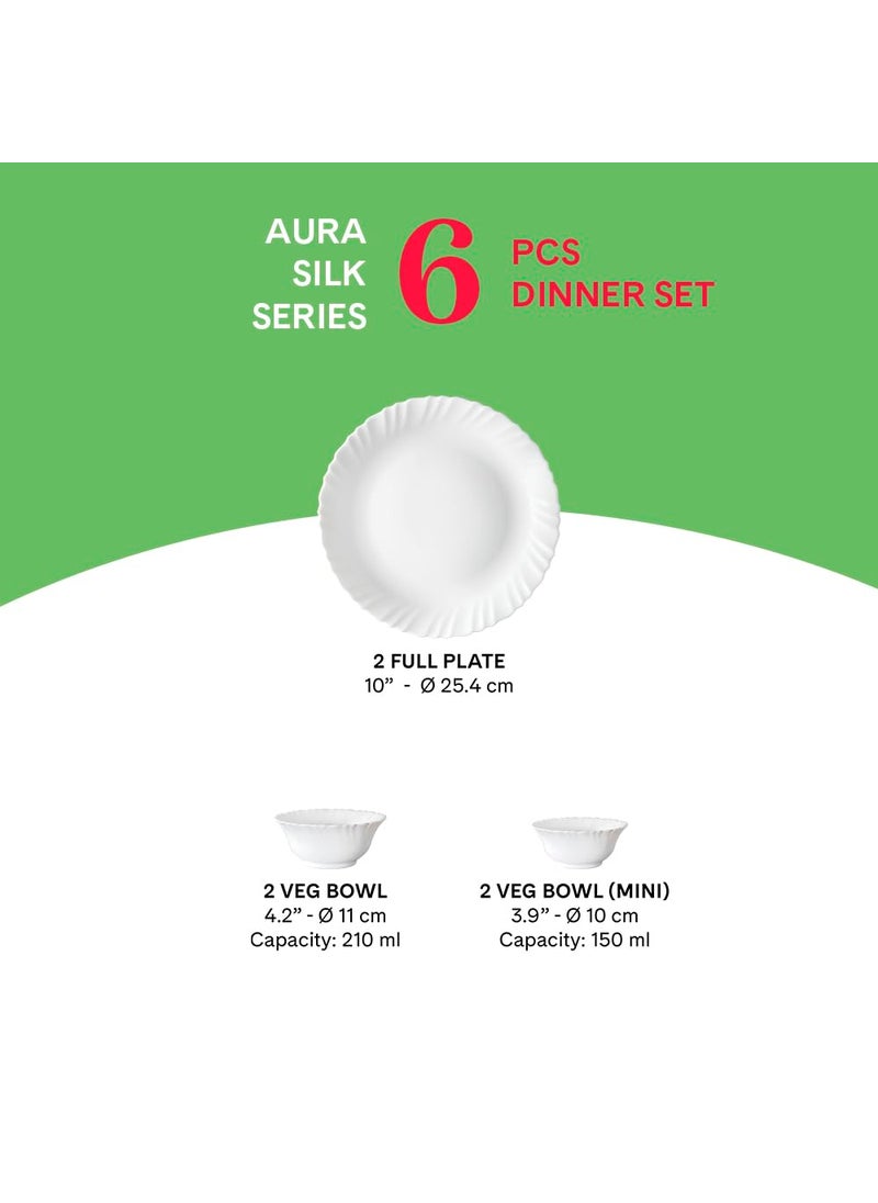 Larah by Borosil Aura Silk Series Opalware Dinner Set | 6 Pieces for Family of 2 | Microwave & Dishwasher Safe | Bone-Ash Free | Crockery Set for Dining & Gifting | Plates & Bowls | White