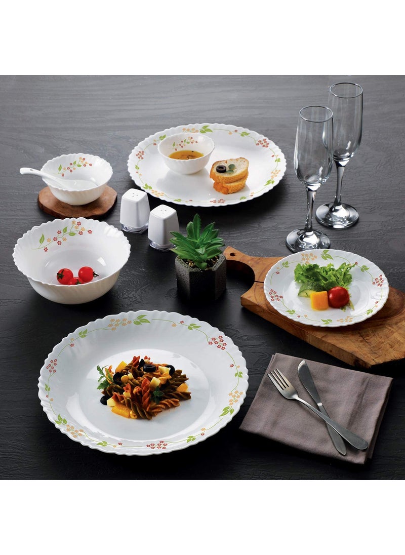 Cello Opalware Dazzle Series Secret Garden Dinner Set, 18 Units | Opal Glass Dinner Set for 6 | Light-Weight, Daily Use Crockery Set for Dining | White Plate and Bowl Set