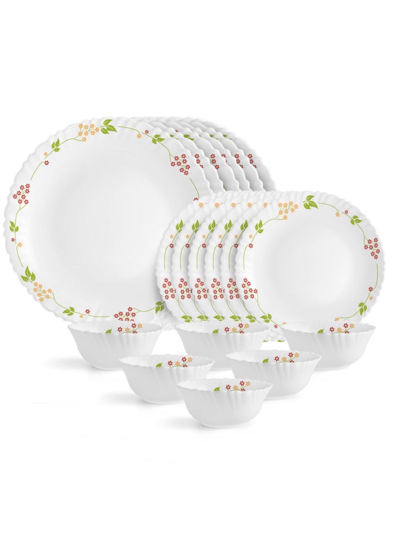 Cello Opalware Dazzle Series Secret Garden Dinner Set, 18 Units | Opal Glass Dinner Set for 6 | Light-Weight, Daily Use Crockery Set for Dining | White Plate and Bowl Set