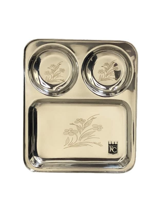 KC Stainless Steel Laser Partition Plate 3 in1 | Bhojan Thali | Dinner Plate Set of 4