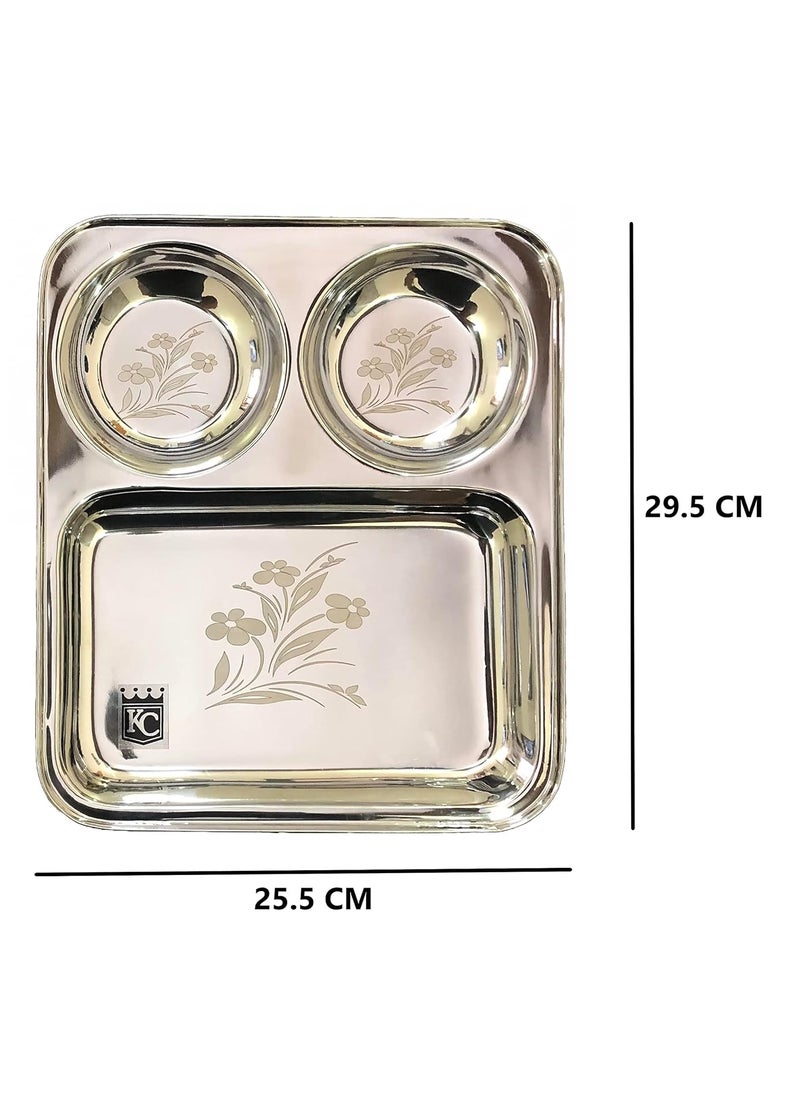 KC Stainless Steel Laser Partition Plate 3 in1 | Bhojan Thali | Dinner Plate Set of 4