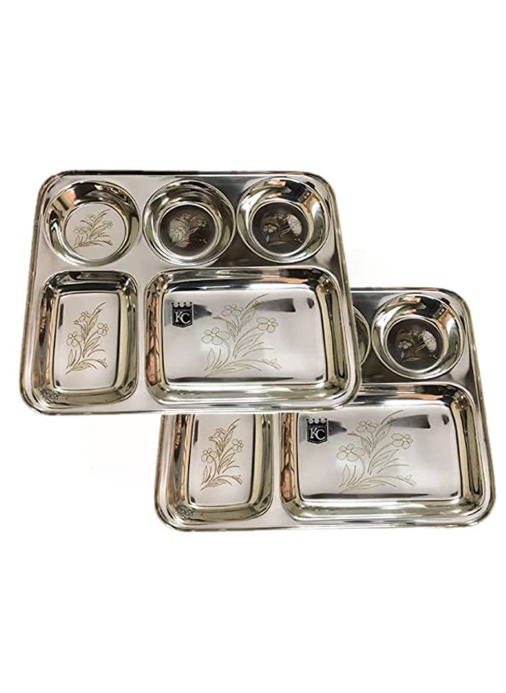 KC Stainless Steel Laser Partition Plate 5 in1 | Bhojan Thali | Dinner Plate Set of 2