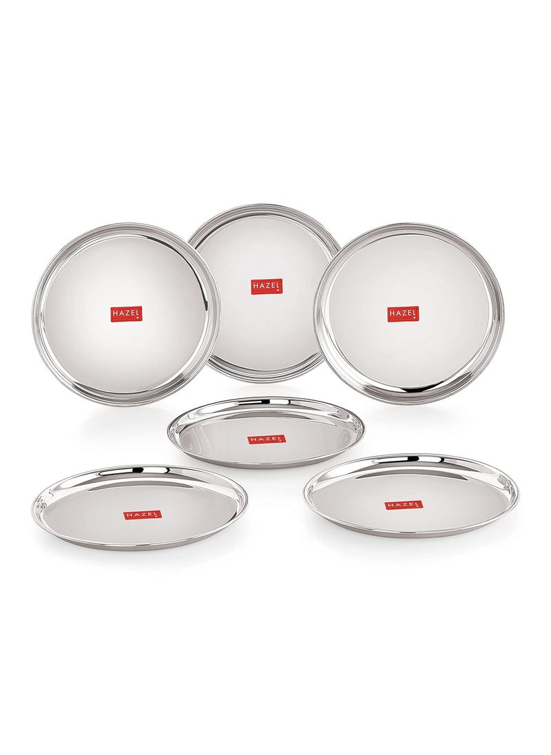 HAZEL Stainless Steel Snack Plates with Mirror Finish | 16 cm Quarter Plates Set for Kitchen | Glossy Finish Thali, Set of 6