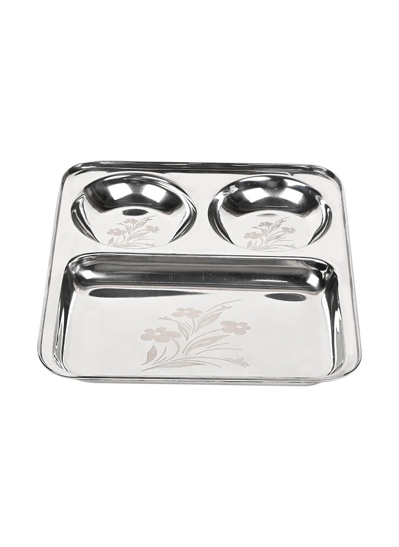 KC Stainless Steel Laser Partition Plate 3 in1 | Bhojan Thali | Dinner Plate Set of 2