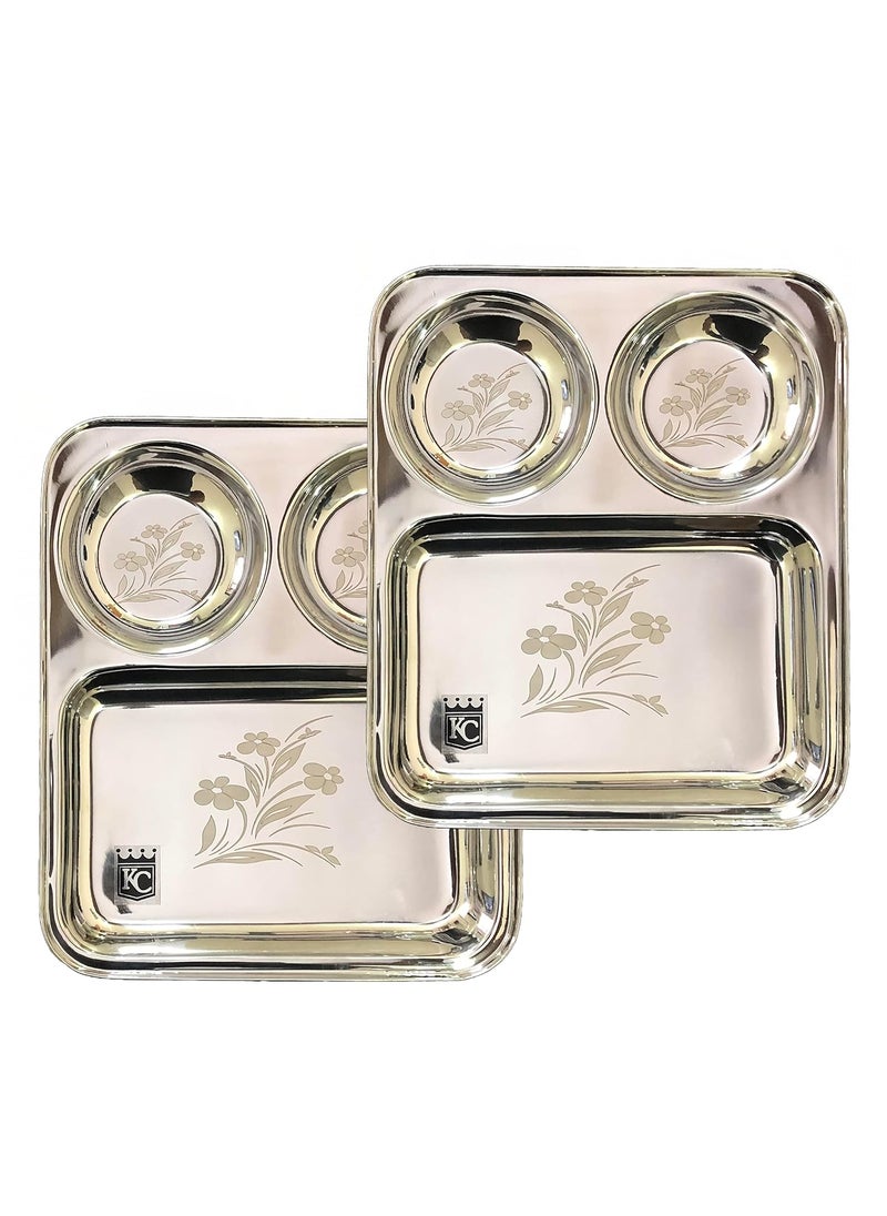 KC Stainless Steel Laser Partition Plate 3 in1 | Bhojan Thali | Dinner Plate Set of 2