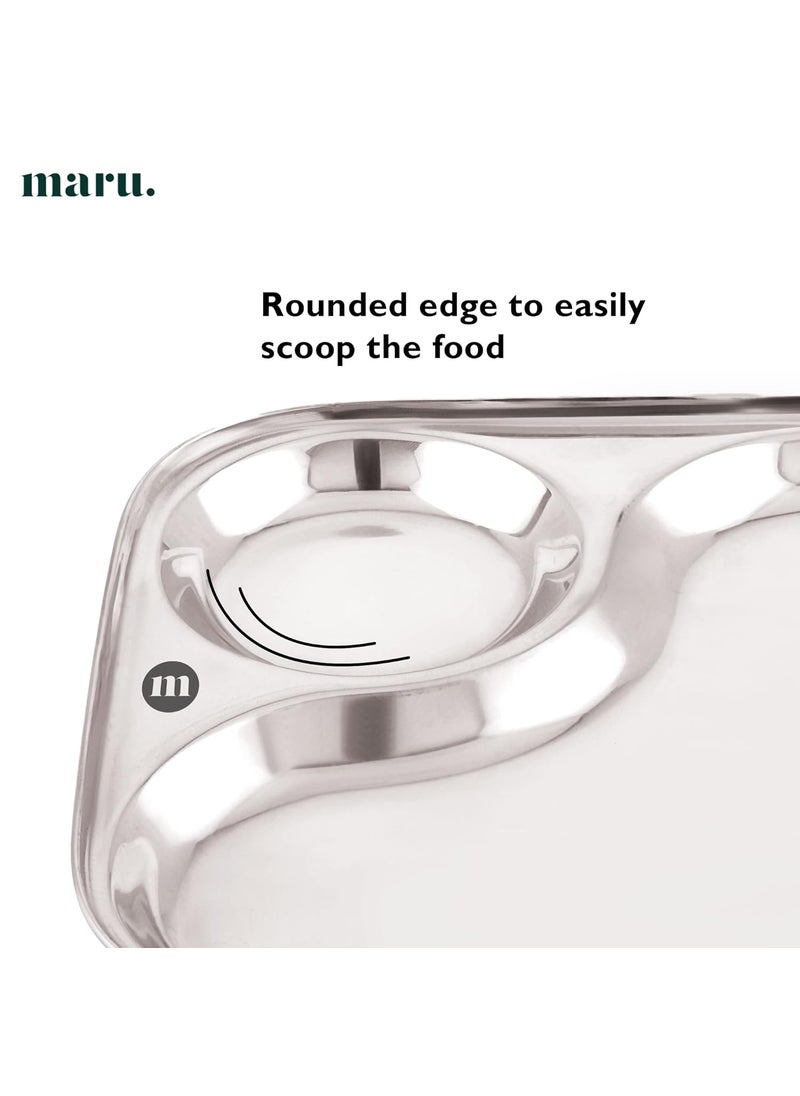MARU Stainless Steel Dinner Plates with 2in1 Compartment Section Set of 6, Durable & Large Bhojan Thali Plates, Perfect for Breakfast, Lunch & Dinner, Ideal for Serving Indian Meals – Lightweight