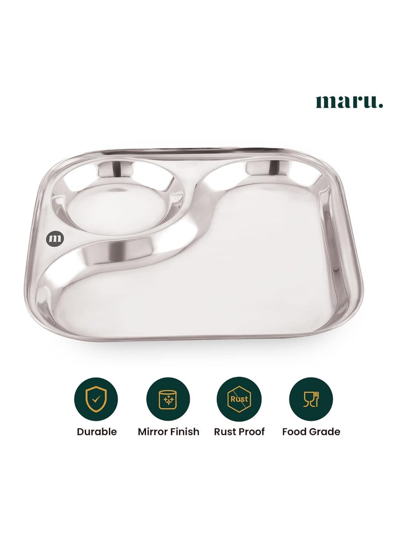 MARU Stainless Steel Dinner Plates with 2in1 Compartment Section Set of 6, Durable & Large Bhojan Thali Plates, Perfect for Breakfast, Lunch & Dinner, Ideal for Serving Indian Meals – Lightweight