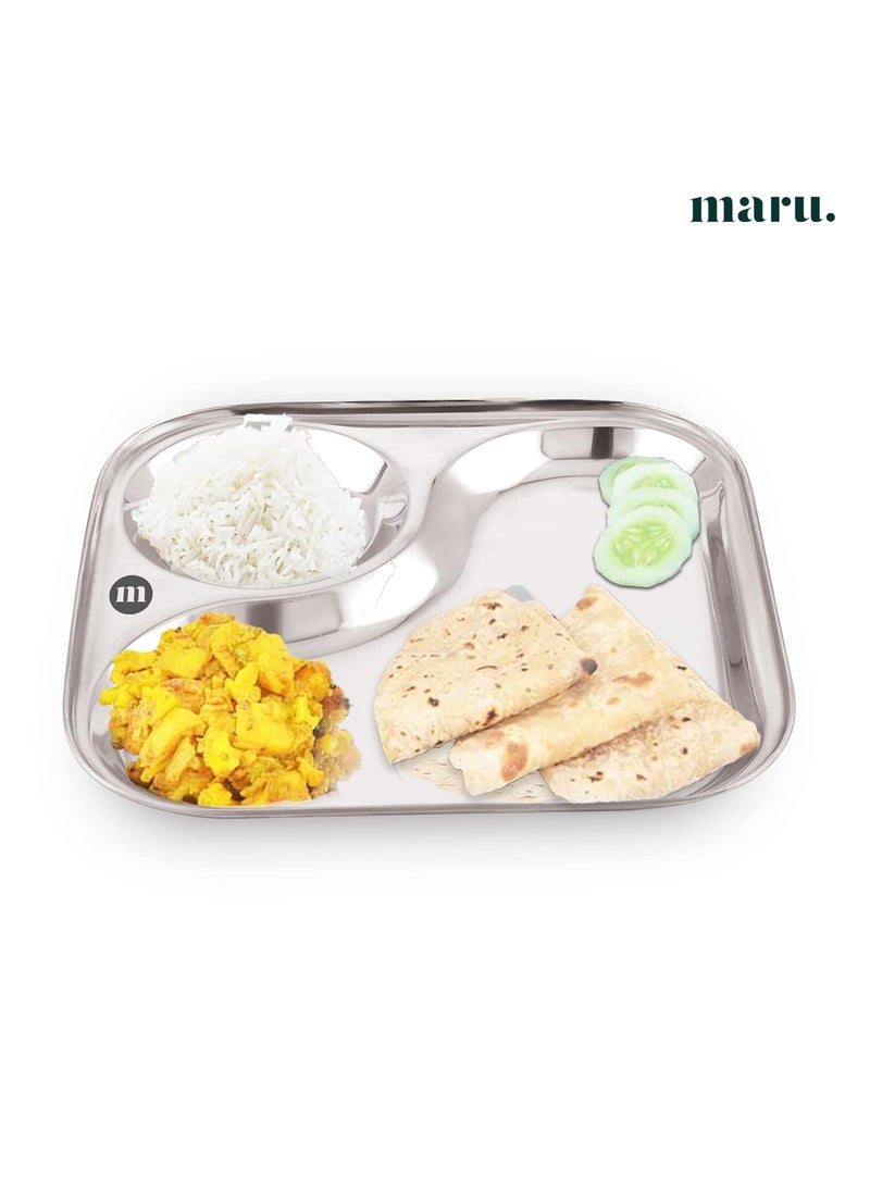 MARU Stainless Steel Dinner Plates with 2in1 Compartment Section Set of 6, Durable & Large Bhojan Thali Plates, Perfect for Breakfast, Lunch & Dinner, Ideal for Serving Indian Meals – Lightweight