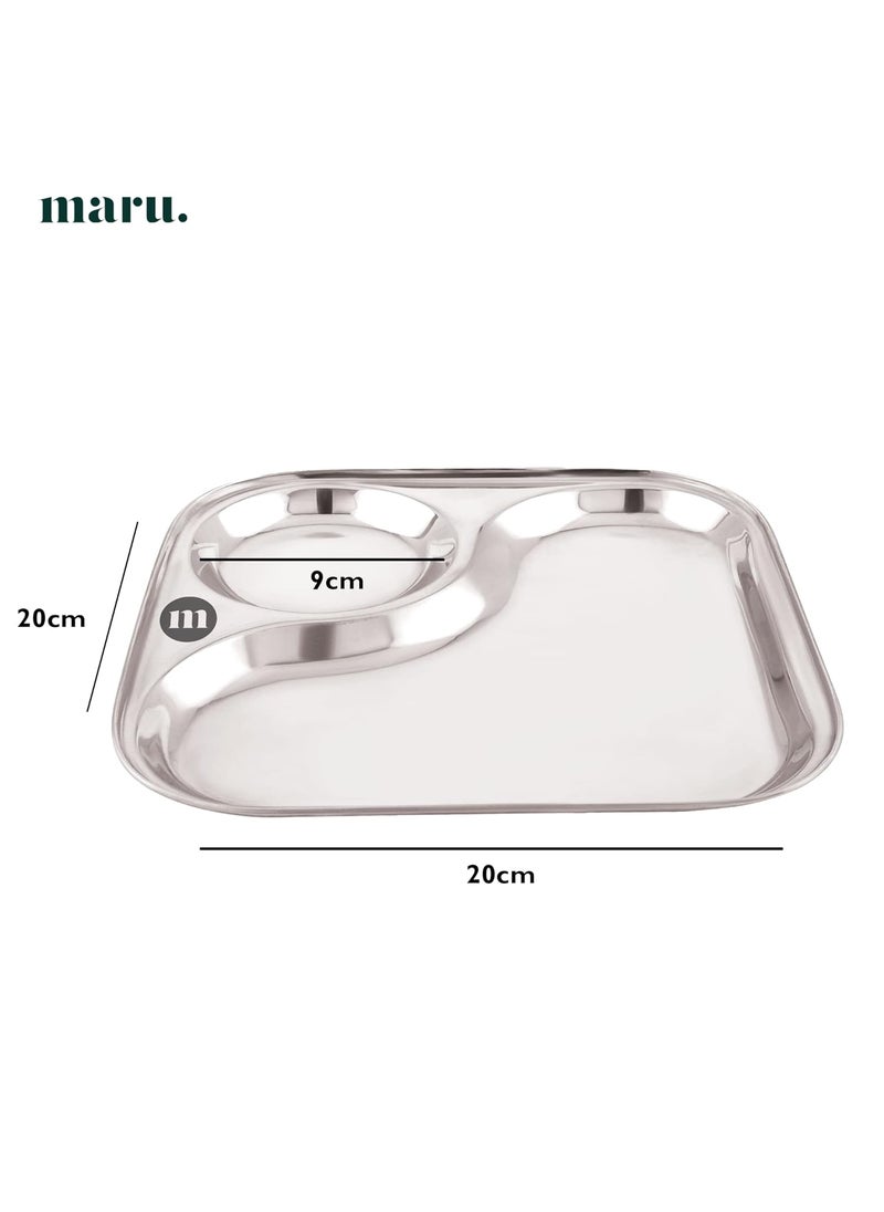 MARU Stainless Steel Dinner Plates with 2in1 Compartment Section Set of 6, Durable & Large Bhojan Thali Plates, Perfect for Breakfast, Lunch & Dinner, Ideal for Serving Indian Meals – Lightweight
