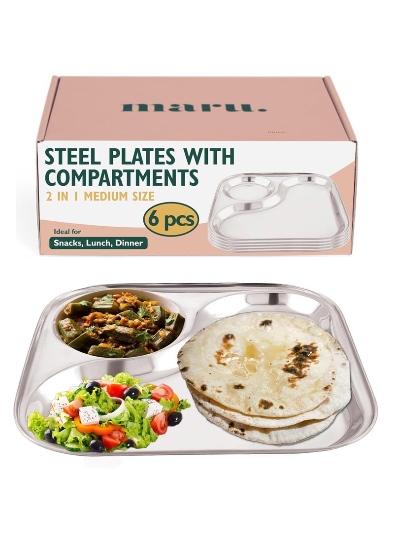 MARU Stainless Steel Dinner Plates with 2in1 Compartment Section Set of 6, Durable & Large Bhojan Thali Plates, Perfect for Breakfast, Lunch & Dinner, Ideal for Serving Indian Meals – Lightweight