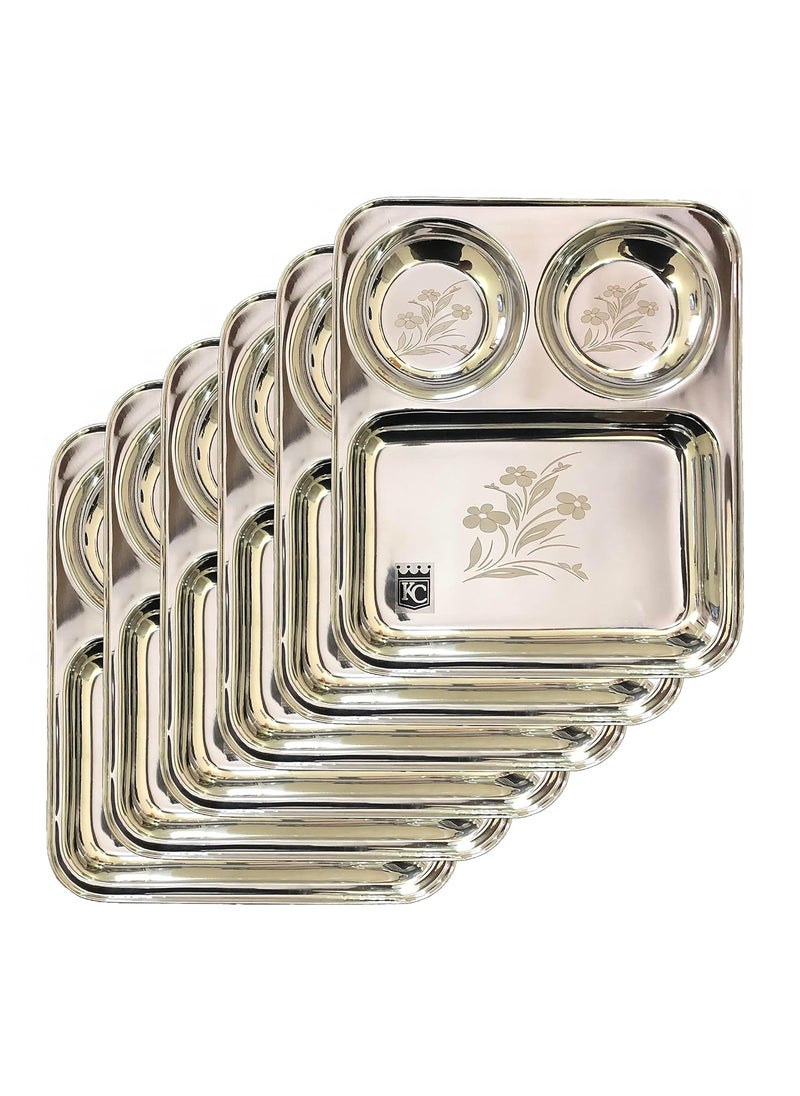 KC Stainless Steel Laser Partition Plate 3 in1 | Bhojan Thali | Dinner Plate Set of 6