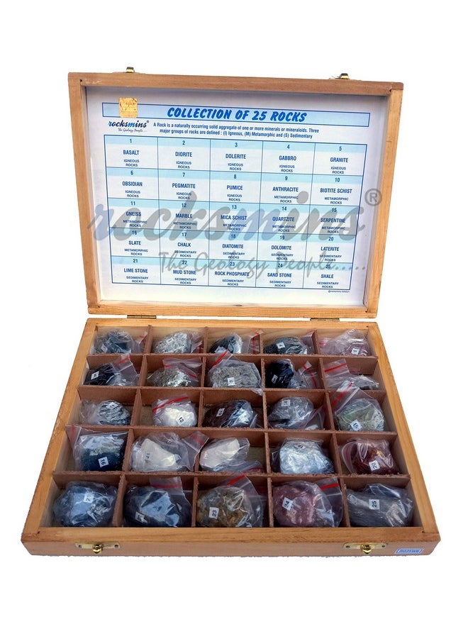 Rocksmins Collection of 25 Rocks in Wooden Box RO25WB with 25 Big Specimen Set of Rock Igneous Sedimentary Metamorphic Rock Mineral Collection Geology Kits Ideal for Birthday Gift