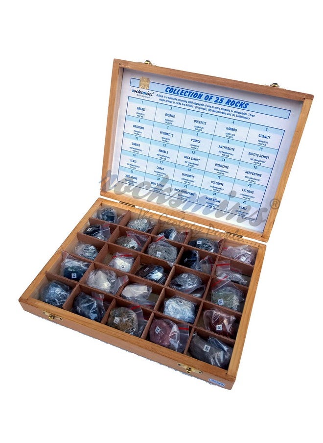 Rocksmins Collection of 25 Rocks in Wooden Box RO25WB with 25 Big Specimen Set of Rock Igneous Sedimentary Metamorphic Rock Mineral Collection Geology Kits Ideal for Birthday Gift