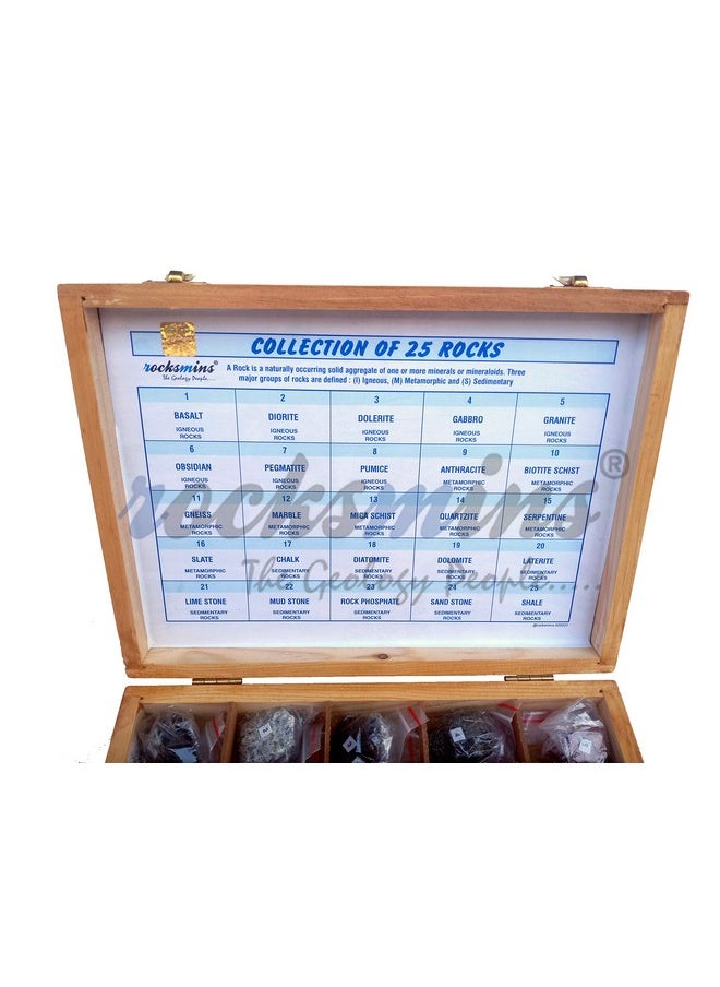 Rocksmins Collection of 25 Rocks in Wooden Box RO25WB with 25 Big Specimen Set of Rock Igneous Sedimentary Metamorphic Rock Mineral Collection Geology Kits Ideal for Birthday Gift