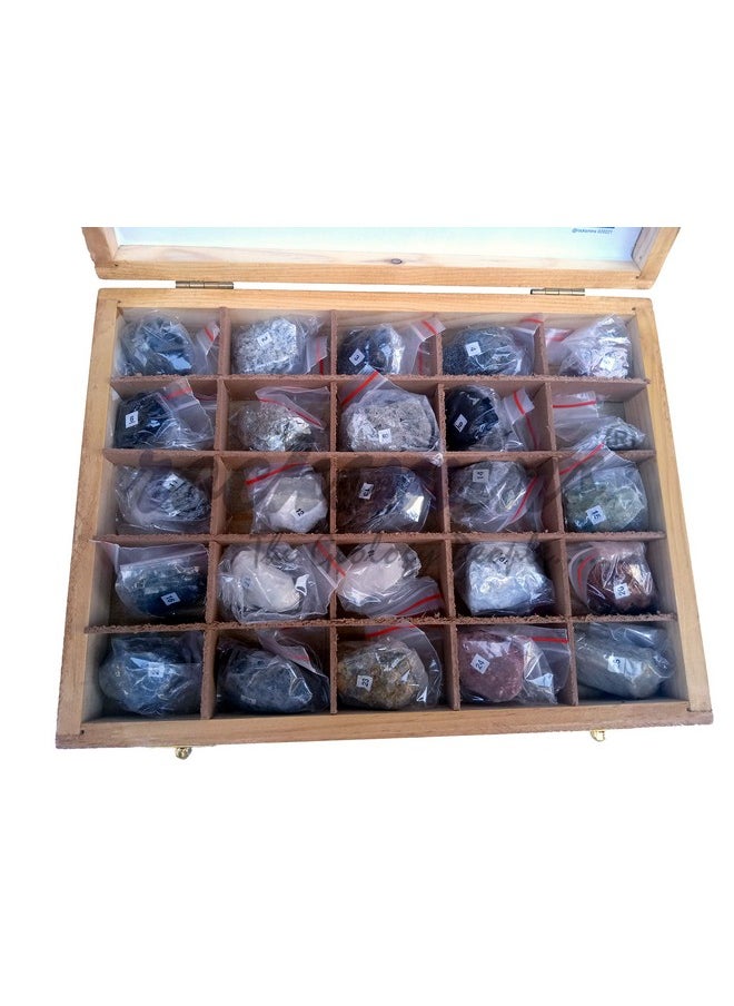 Rocksmins Collection of 25 Rocks in Wooden Box RO25WB with 25 Big Specimen Set of Rock Igneous Sedimentary Metamorphic Rock Mineral Collection Geology Kits Ideal for Birthday Gift