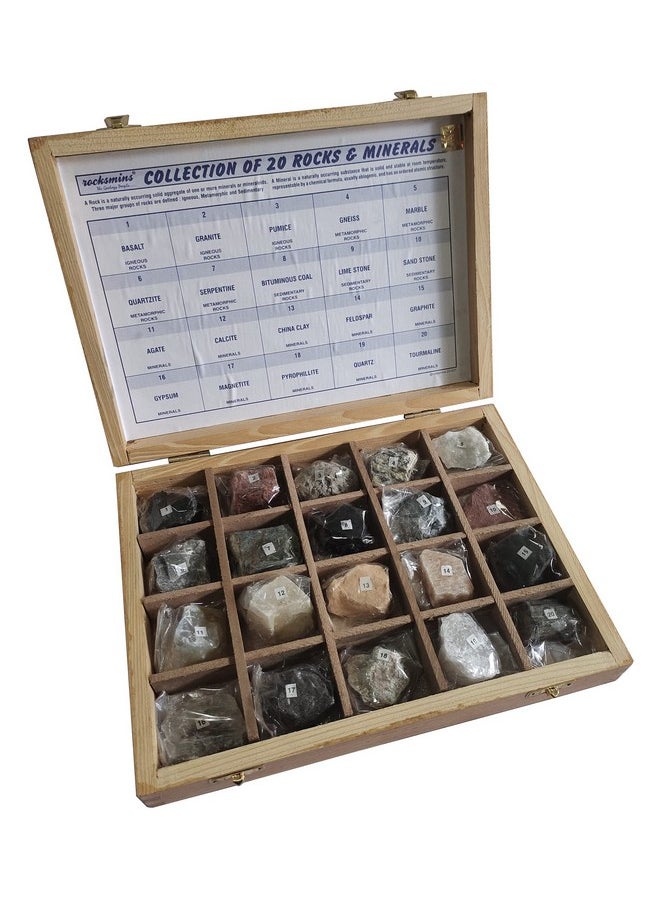 Rocksmins RM20WB-SC Collection of 20 Rocks & Minerals in Wooden Box with 20 Big Specimen Set of Rock Igneous Sedimentary Metamorphic Rock Mineral Collection Geology Kits ideal for Study of Earth Stone
