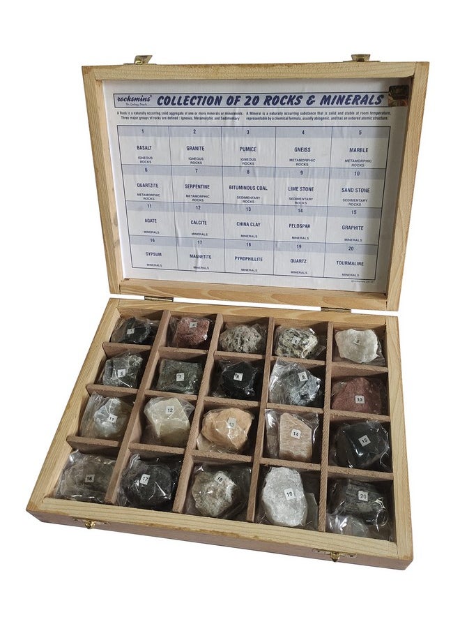 Rocksmins RM20WB-SC Collection of 20 Rocks & Minerals in Wooden Box with 20 Big Specimen Set of Rock Igneous Sedimentary Metamorphic Rock Mineral Collection Geology Kits ideal for Study of Earth Stone