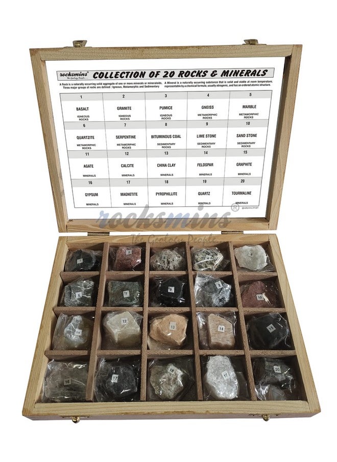 Rocksmins RM20WB-SC Collection of 20 Rocks & Minerals in Wooden Box with 20 Big Specimen Set of Rock Igneous Sedimentary Metamorphic Rock Mineral Collection Geology Kits ideal for Study of Earth Stone