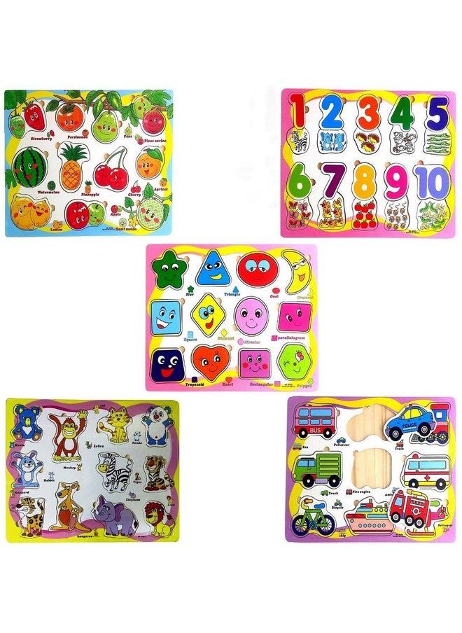 RV Media Wood Learn shapes numbers animals fruits vehicles wooden puzzle boards, Multicolour, 2+ years, 5 Piece