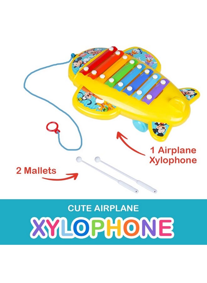 Ratna's Cute Airplane Xylophone Disney Mickey & Friends Printed Pull Along Musical Toy with 8 Notes, 2 Sticks for Infants (Assorted Colours)