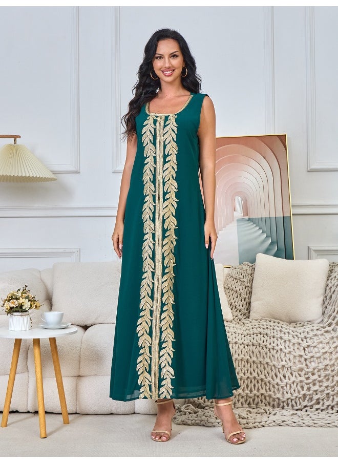 New Dark Green Embroidered Muslim Cardigan Dress Set – Elegant Long Robe Outfit